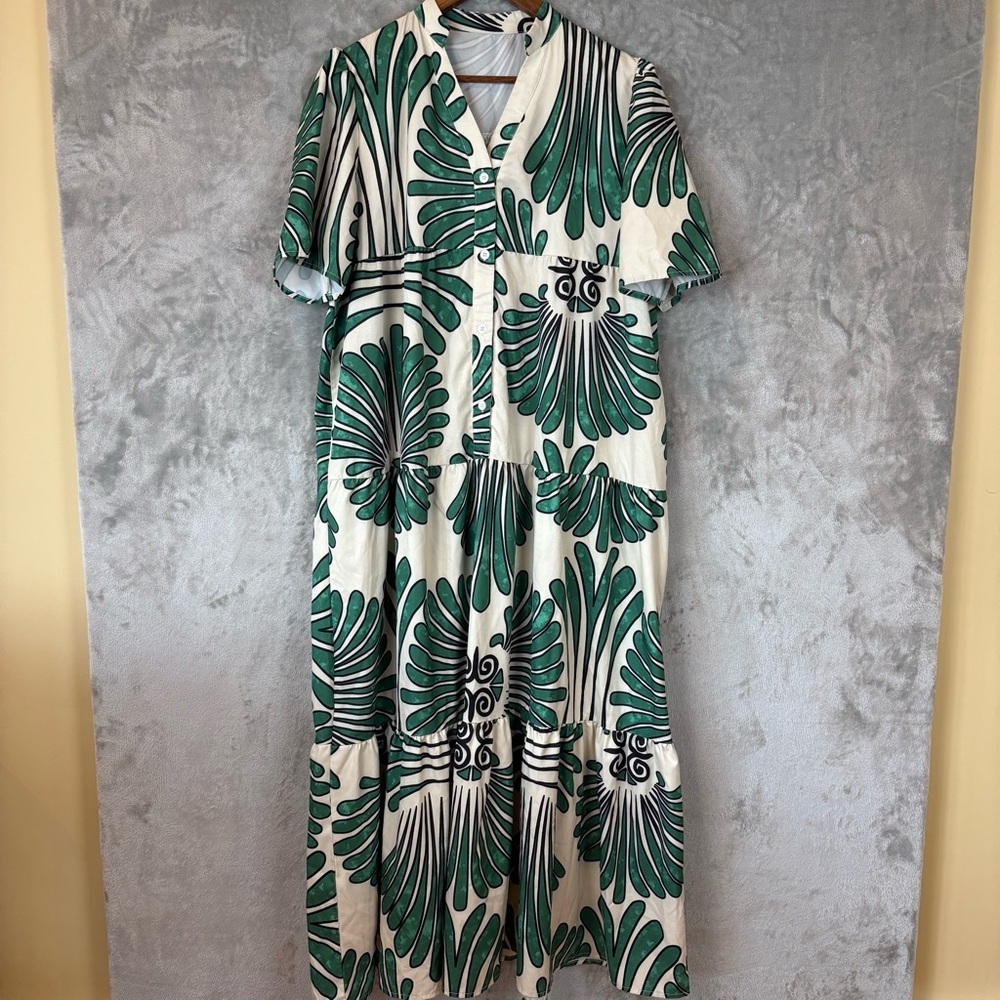 SHEIN Tropical Palm Print Tiered Maxi Dress Short Sleeve Green White Sz XL